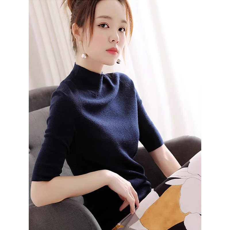 藏青色半高领T恤女春夏2025年新款简约气质修身薄款针织中袖上衣