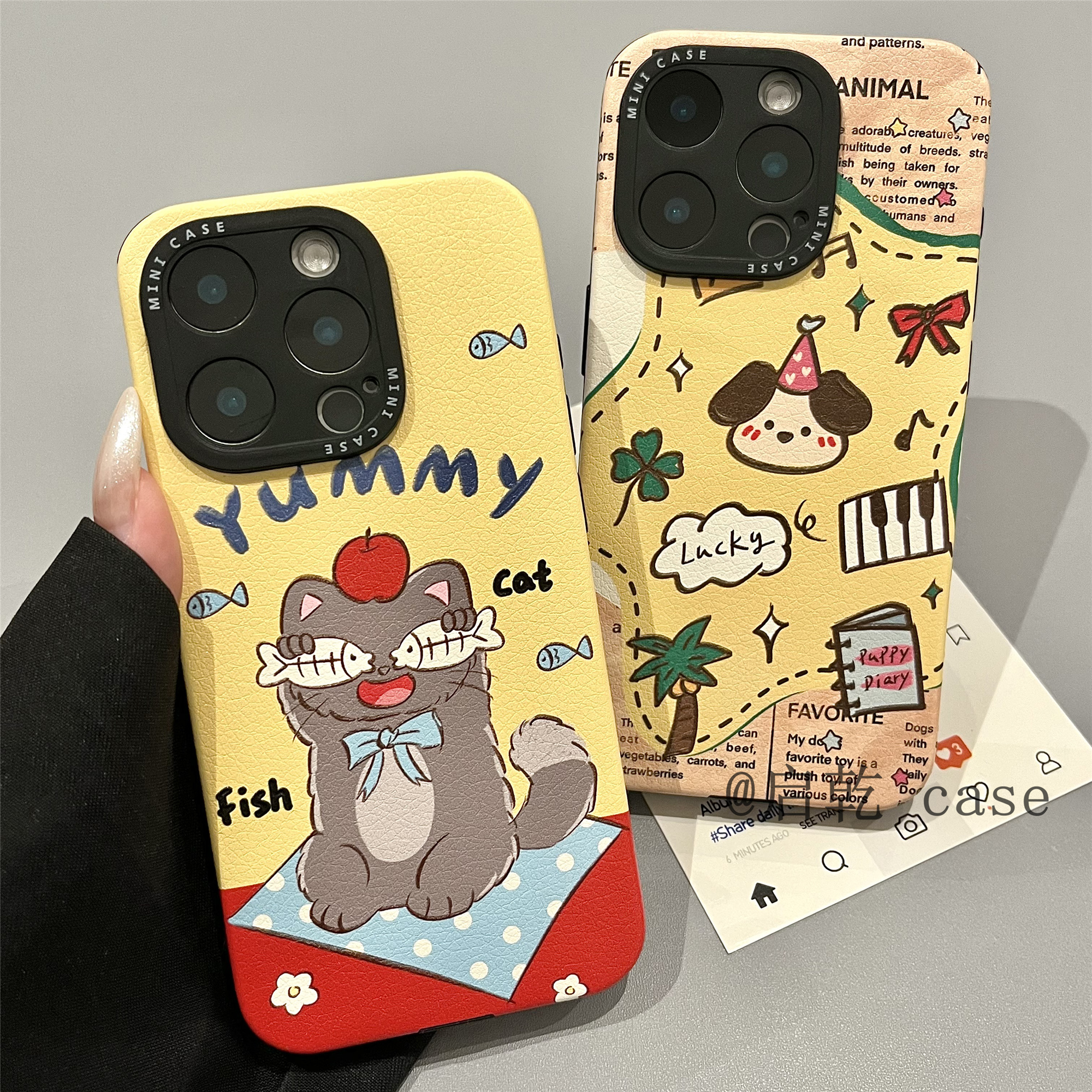 启乾 涂鸦鱼眼小猫狗狗iPhone16/15手机壳适用苹果14/13promax皮质软壳少女心搞怪可爱卡通新款镜头全包情侣