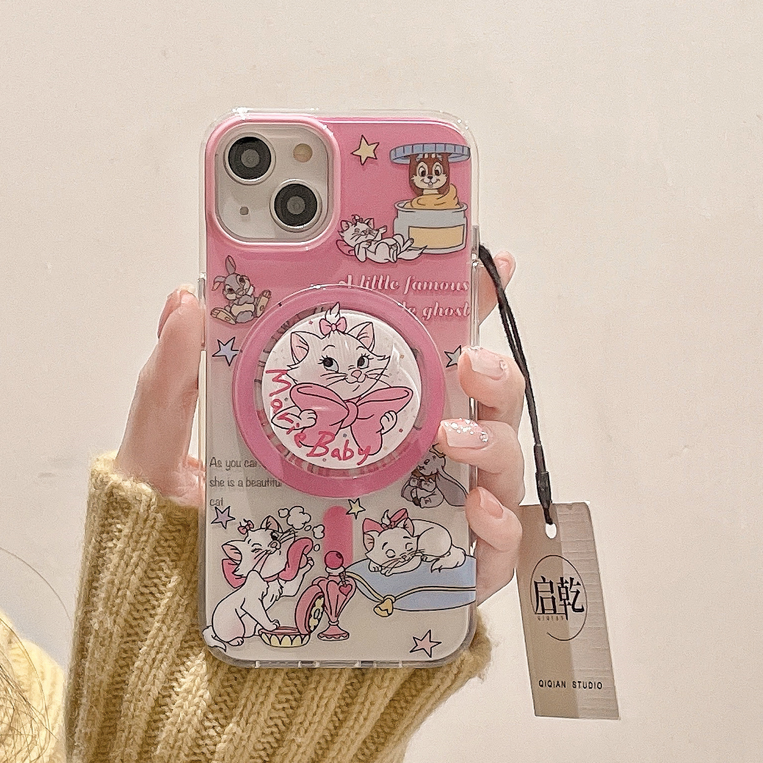 启乾 磁吸壳玛丽猫带支架iPhone16/15手机壳适用苹果14/13promax硬壳12少女心粉色可爱动漫涂鸦小众新款防摔