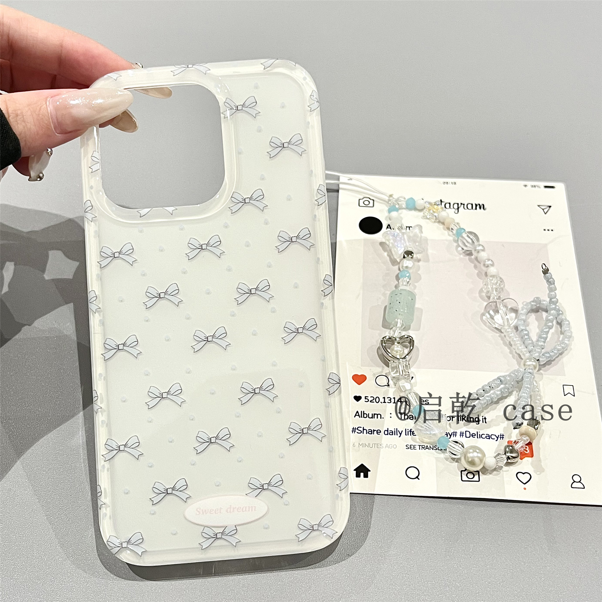 启乾 蓝色波点蝴蝶结腕带iPhone16/15手机壳适用苹果14/13promax双层硬壳手提链条挂绳少女心小众日韩ins新款