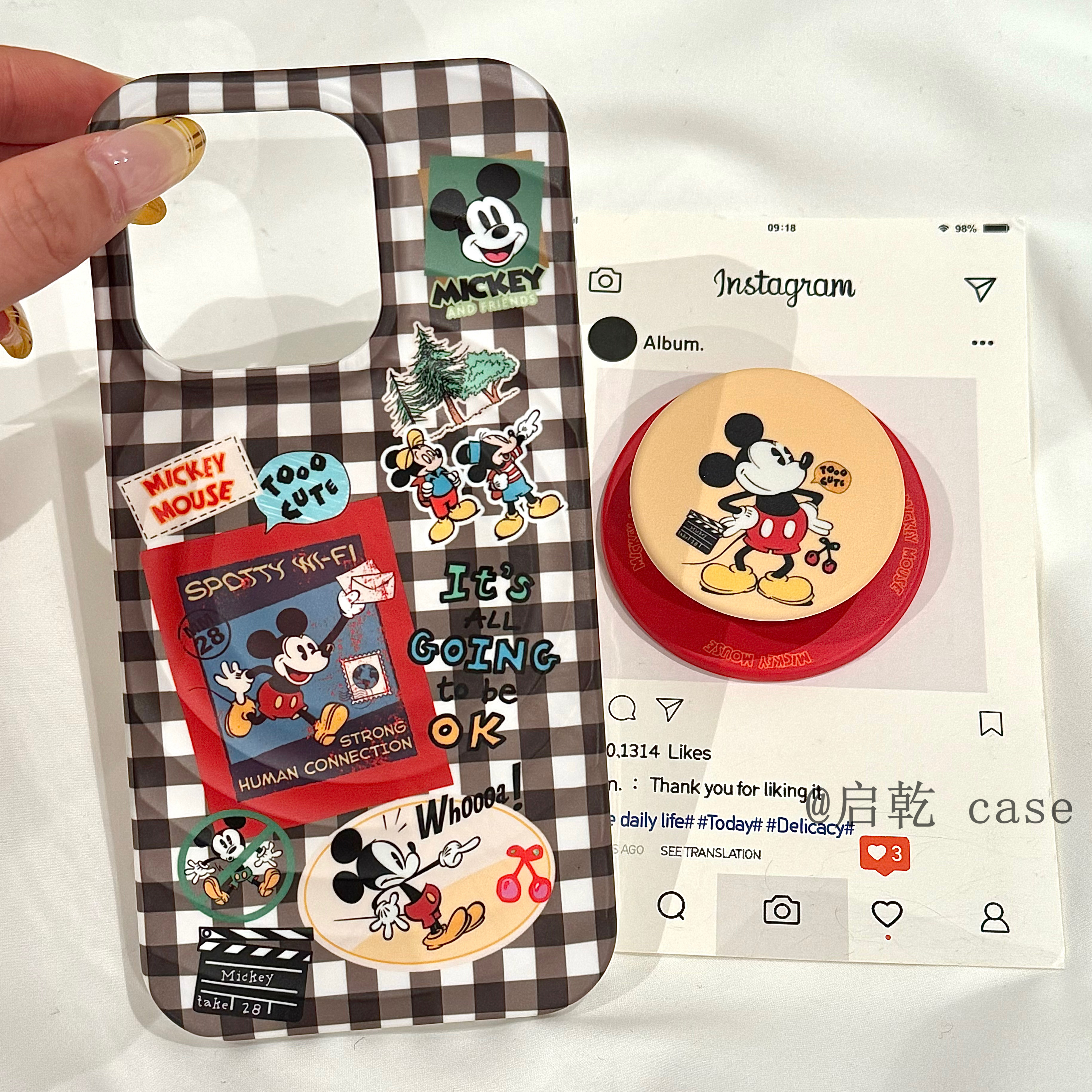 启乾 磁吸波漾壳小老鼠带支架iPhone16/15手机壳适用苹果14/13promax菲林硬壳12二合一格纹可爱卡通动漫新款
