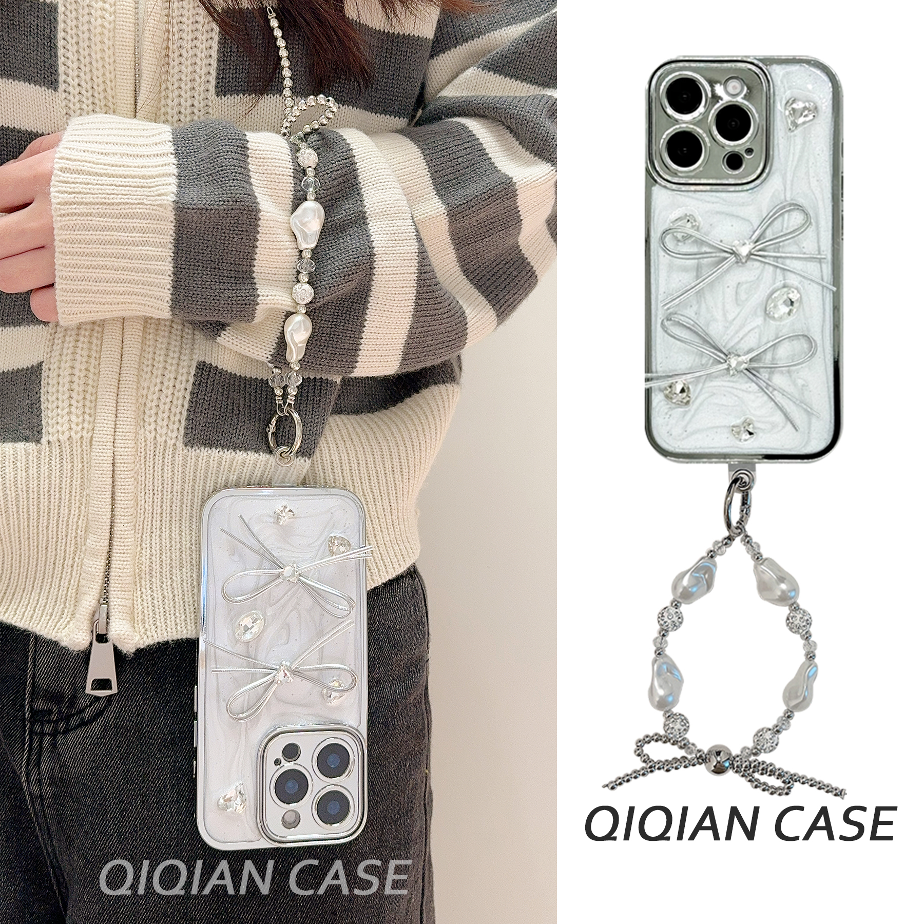 启乾 滴胶立体宝石蝴蝶结iPhone16手机壳适用苹果15/14promax软壳13手提12/11链条挂绳xsmax新款xr女神气质
