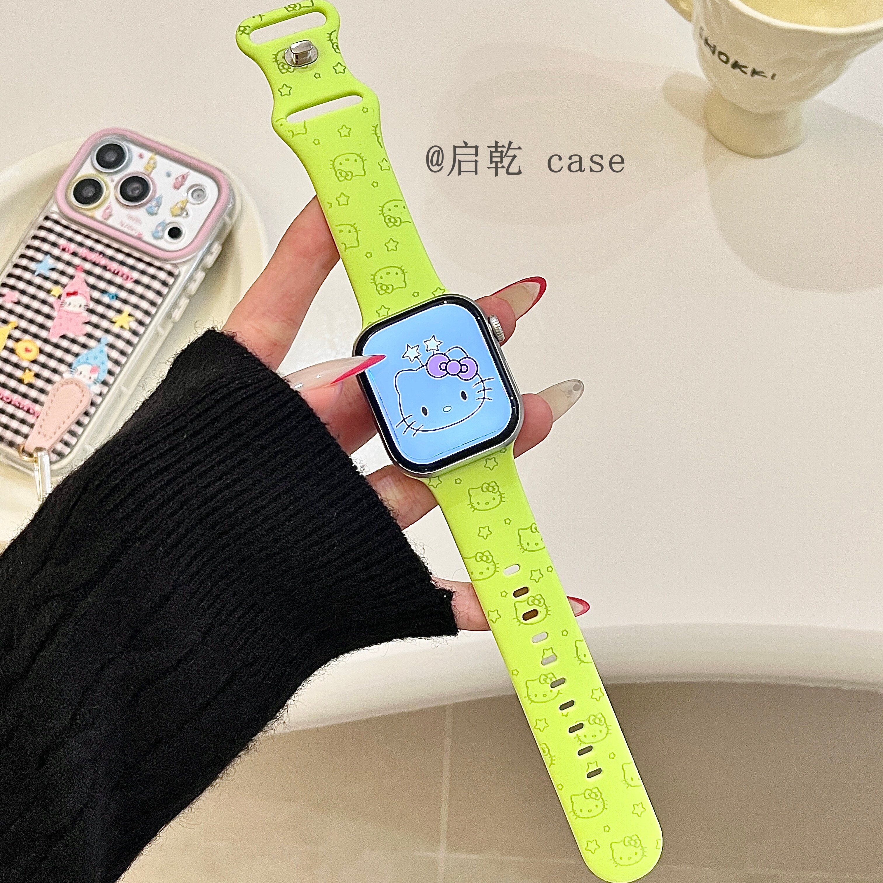 启乾 可爱卡通星星猫咪适用iwatchs10/9苹果Applewatch7手表表带SE8荧光绿硅胶透气6运动5/4/3防摔少女心ins