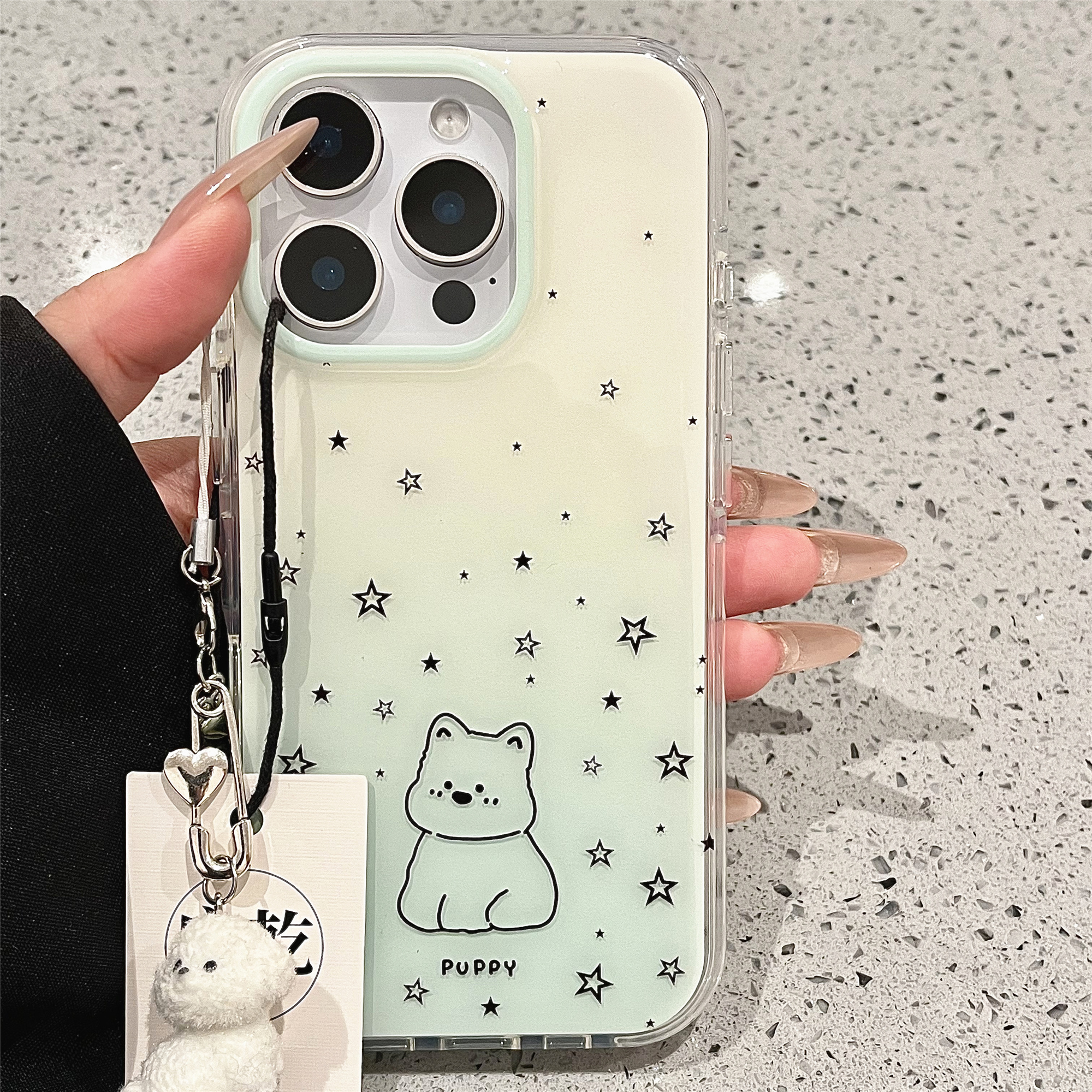启乾 渐变薄荷绿西高地挂件iPhone16/15手机壳适用苹果14/13promax双层硬壳少女心线条星星可爱卡通新款夏天