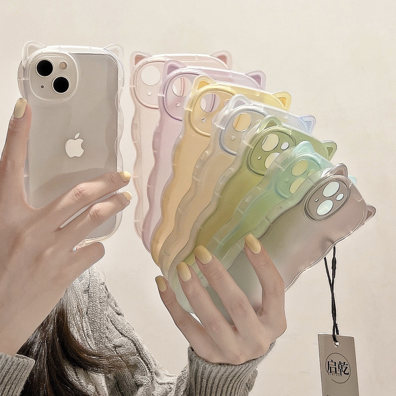 启乾 猫咪透明软壳iPhone15手机壳适用苹果14/13promax波浪边12/11小众纯色情侣女新款硅胶镜头全包防摔