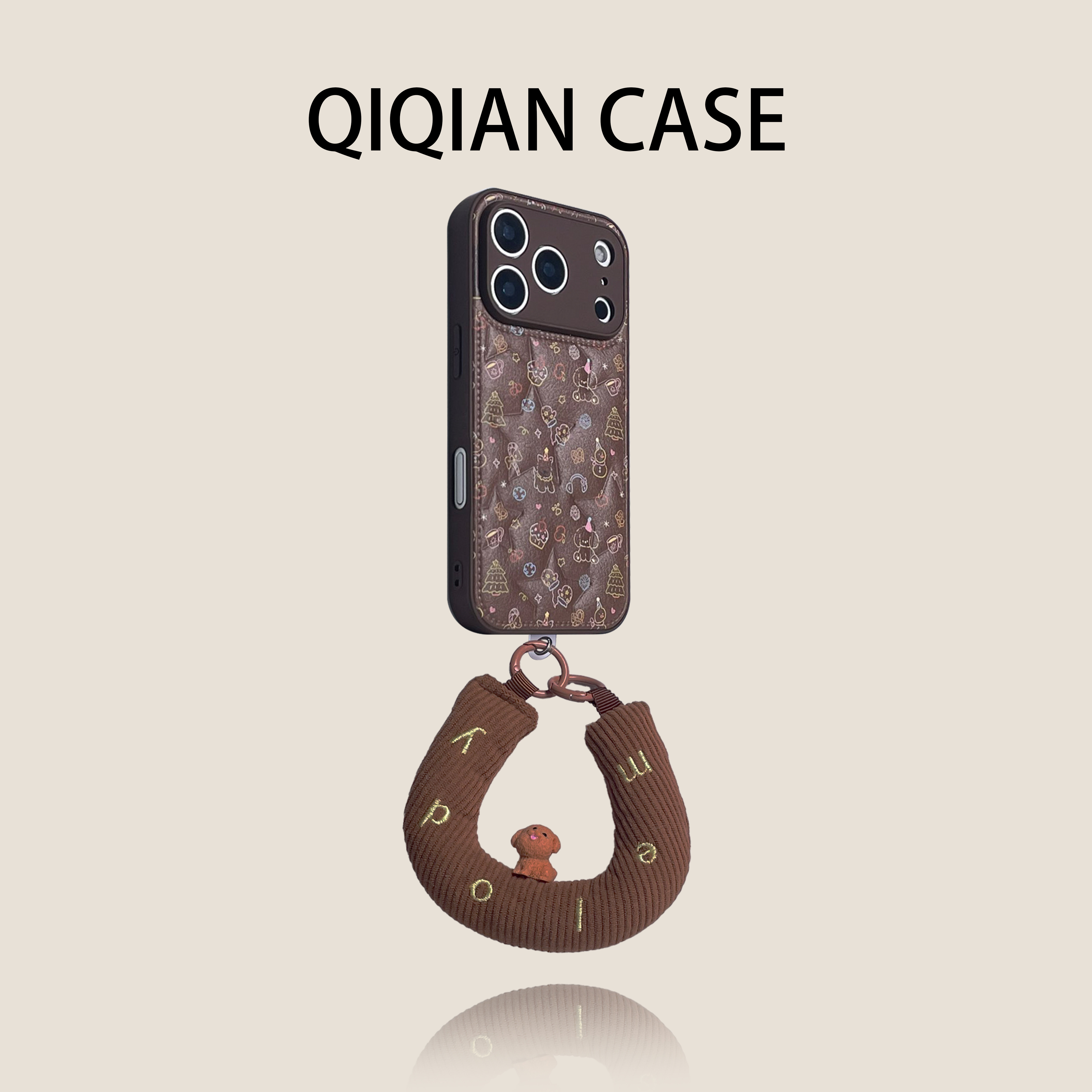 启乾 美拉德复古棕圣诞小狗腕带iPhone17/16手机壳适用苹果15/14promax皮质硬壳13链条挂绳可爱少女心趣味ins