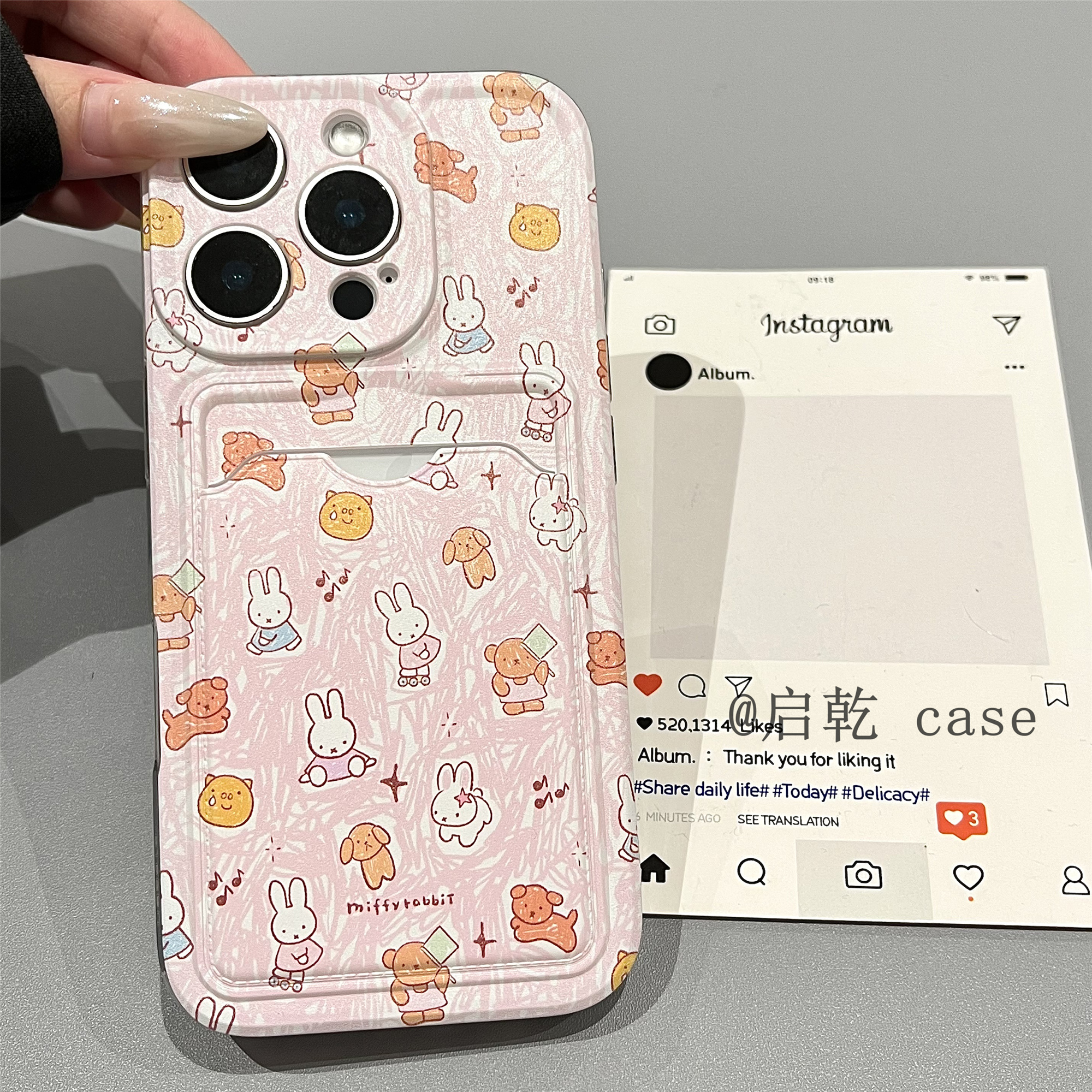启乾 涂鸦粉色兔子iPhone16/15手机壳适用苹果14/13promax卡包卡套插卡12/11软壳少女心xsmax可爱7plus新款