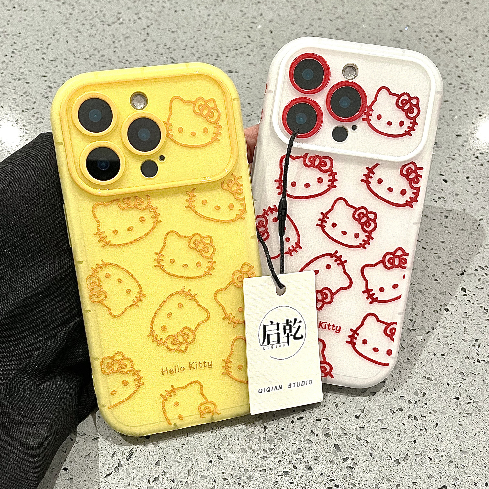 启乾 线条凯蒂猫贝壳纹支架iPhone16/15手机壳适用苹果14/13promax软壳大视窗少女心可爱哈喽HelloKitty新款