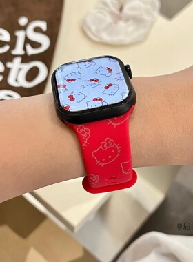 适用iwatchs11/10苹果Applewatch9手表表带SE8红色满屏猫咪7可爱卡通少女硅胶透气6运动5/4/3小众创意新款