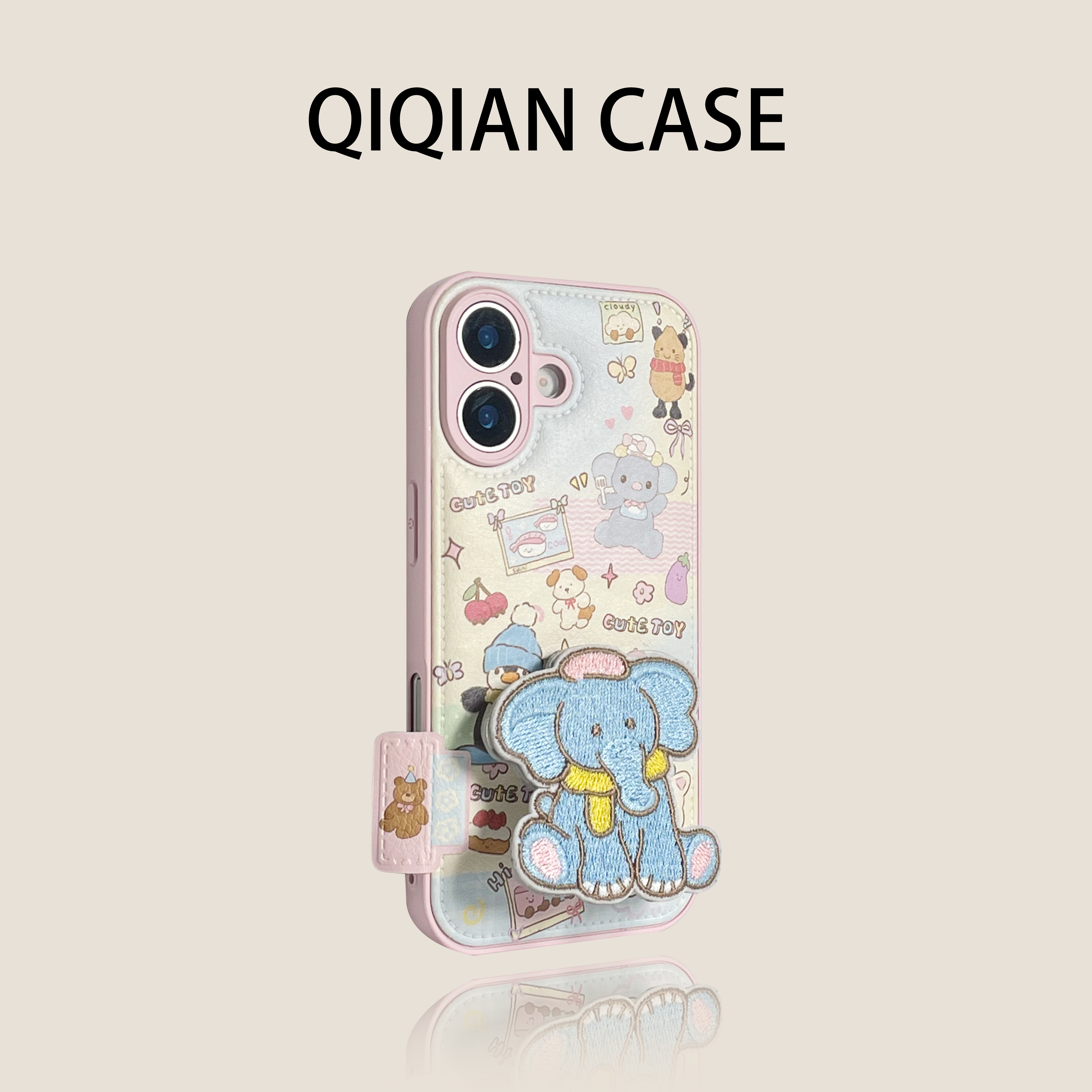 启乾 冬季可爱粉底混色拼接小象带支架iPhone17/16手机壳适用苹果15/14promax贴皮13卡通趣味小众个性创意ins,3C数码配件,手机保护套/壳,淘宝优惠券,粉丝福利购,淘宝优惠卷