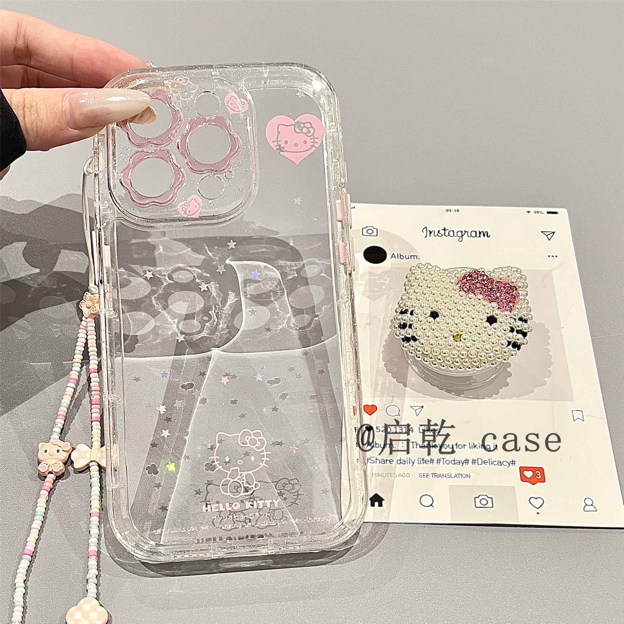 启乾 闪粉星星珍珠凯蒂猫支架iPhone16/15手机壳适用苹果14/13promax透明硬壳链条挂绳哈喽HelloKitty新款女