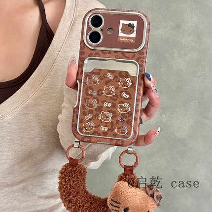 启乾 ins复古豹纹凯蒂猫腕带iPhone17/16手机壳适用苹果15/14promax软壳卡包卡套插卡链条挂绳哈喽HelloKitty