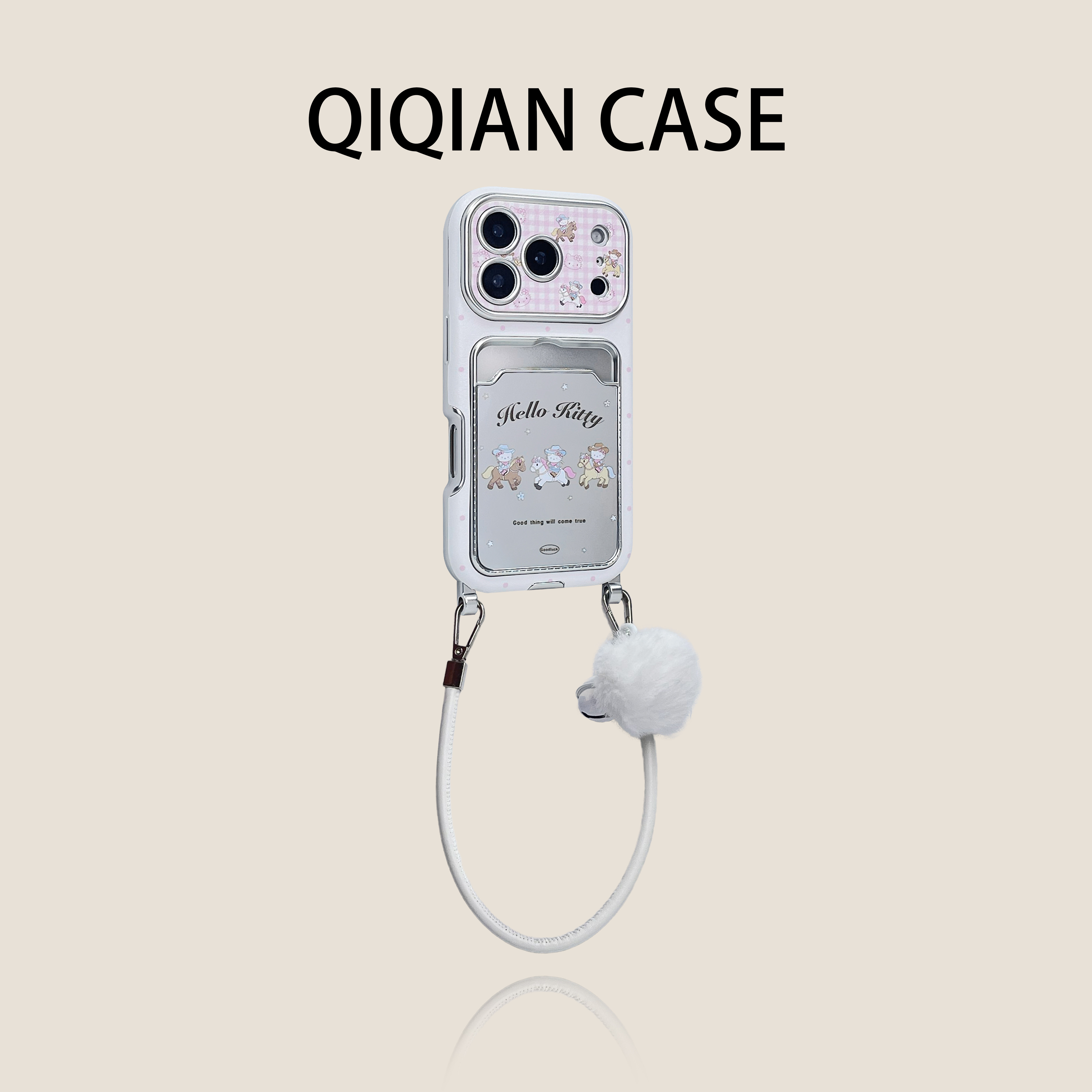 启乾 可爱镜面卡包戴帽牛仔猫咪骑马腕带iPhone17/16手机