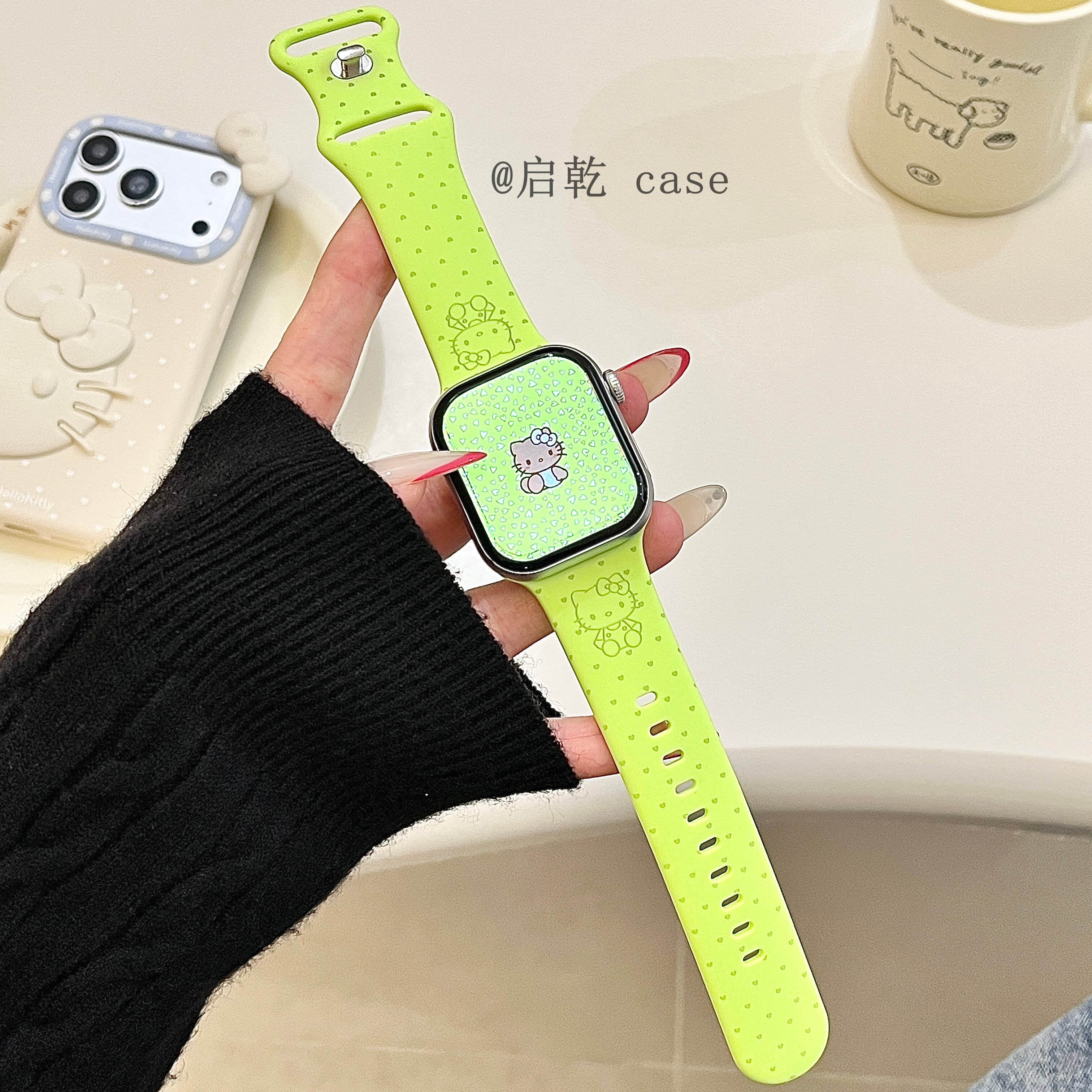启乾 卡通爱心猫咪适用iwatchs10/9苹果Applewatch7手表表带SE8荧光绿硅胶透气6运动5/4/3防摔可爱少女心ins