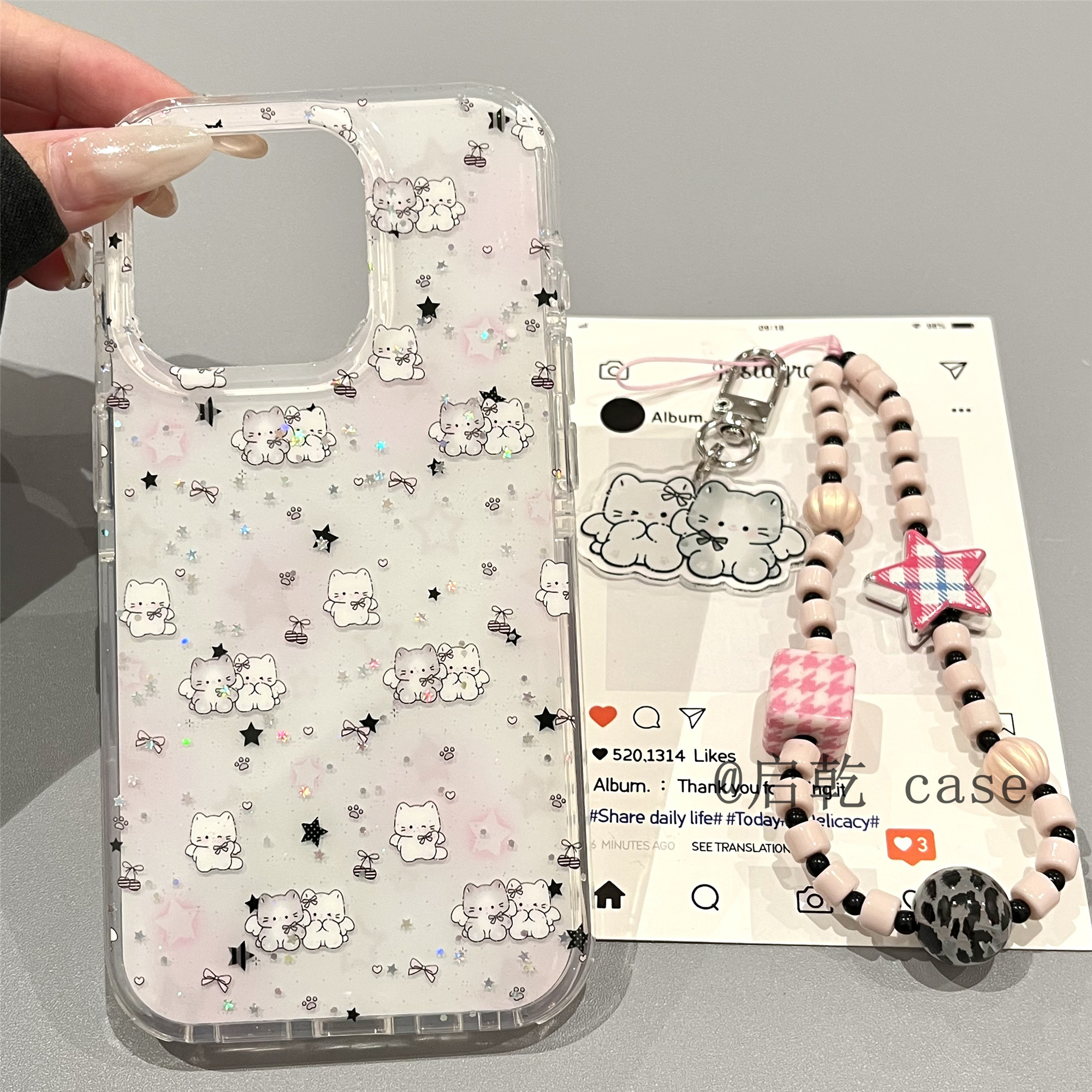 启乾 闪粉星星天使猫咪腕带iPhone16/15手机壳适用苹果14/13promax双层硬壳手提链条挂绳少女心可爱卡通新款