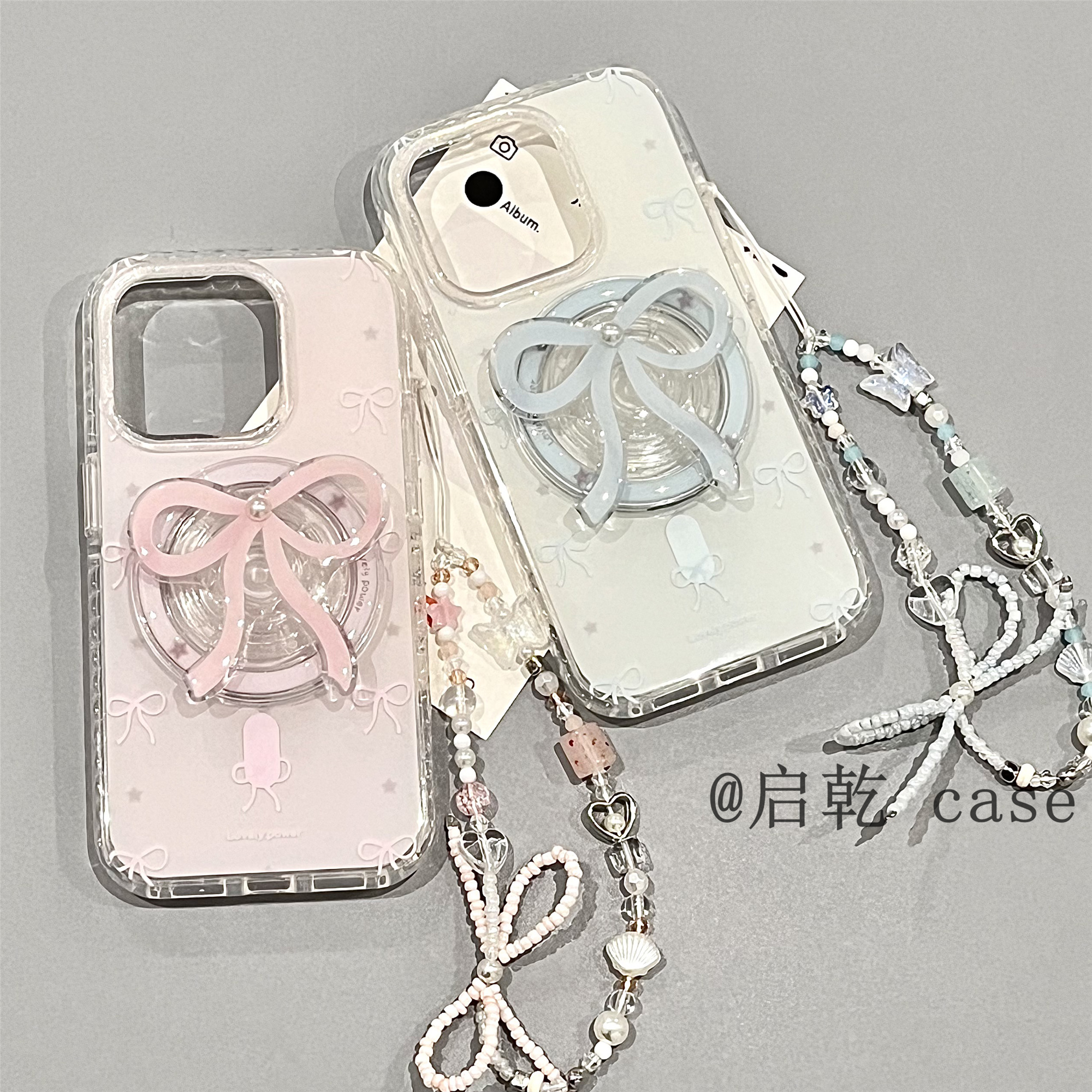 启乾 磁吸壳珍珠蝴蝶结带支架iPhone16/15手机壳适用苹果14/13promax双层硬壳链条挂绳少女心小众日韩ins新款
