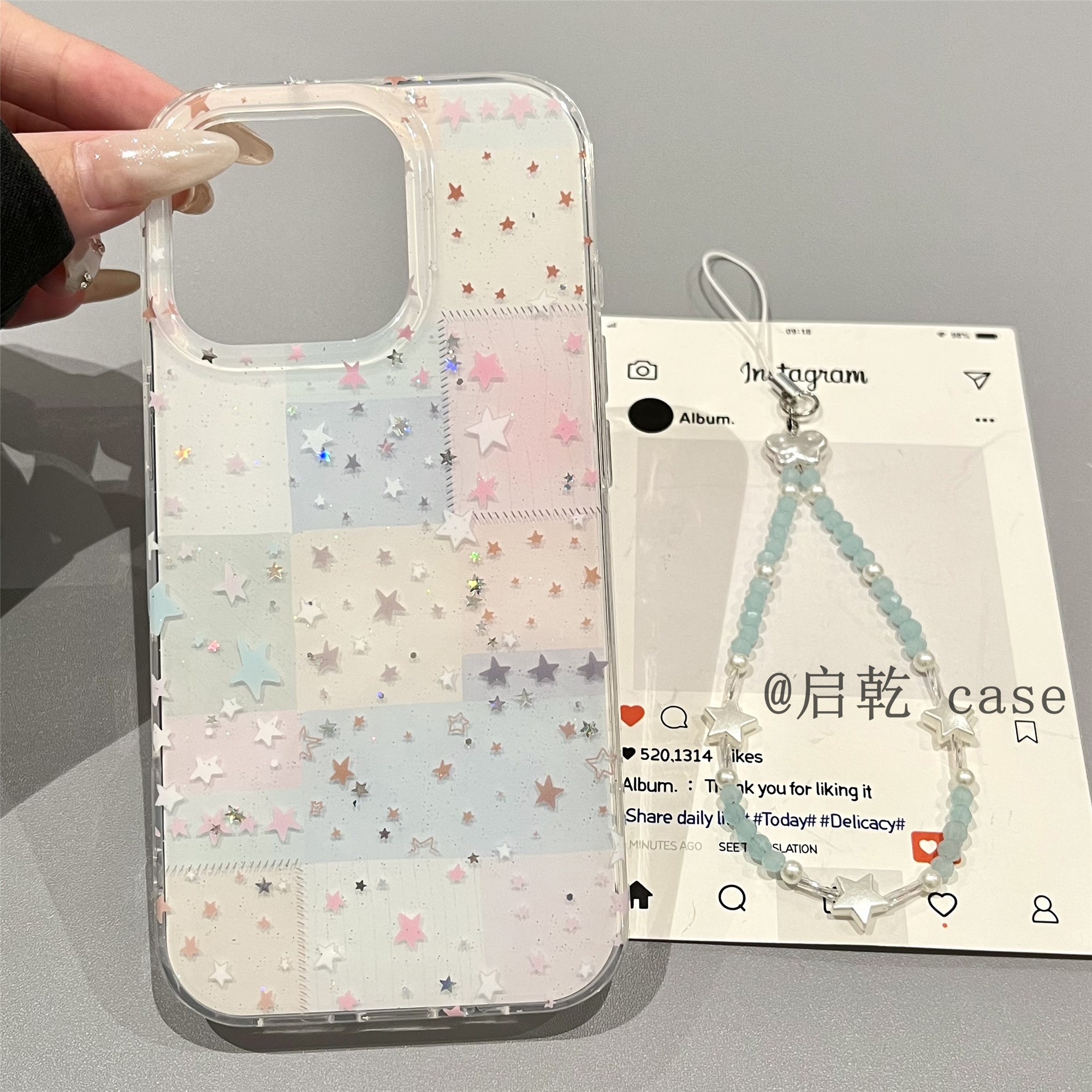 启乾 闪粉彩色星星腕带iPhone16/15手机壳适用苹果14/13promax双层硬壳链条挂绳少女心小众韩系ins风新款夏天