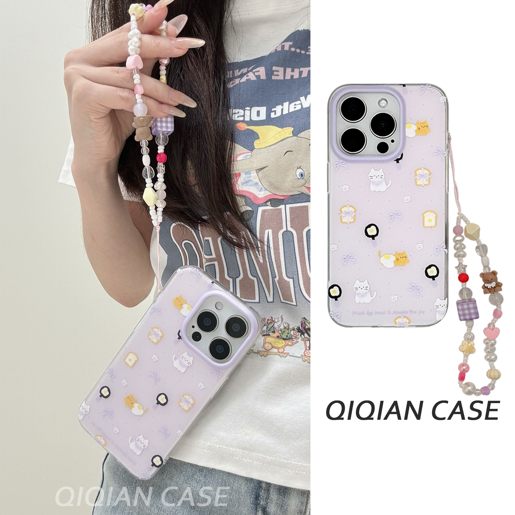 启乾 紫色蝴蝶结猫咪腕带iPhone15手机壳适用苹果14/13promax硬壳12双层手提链条挂绳少女心可爱卡通新款防摔