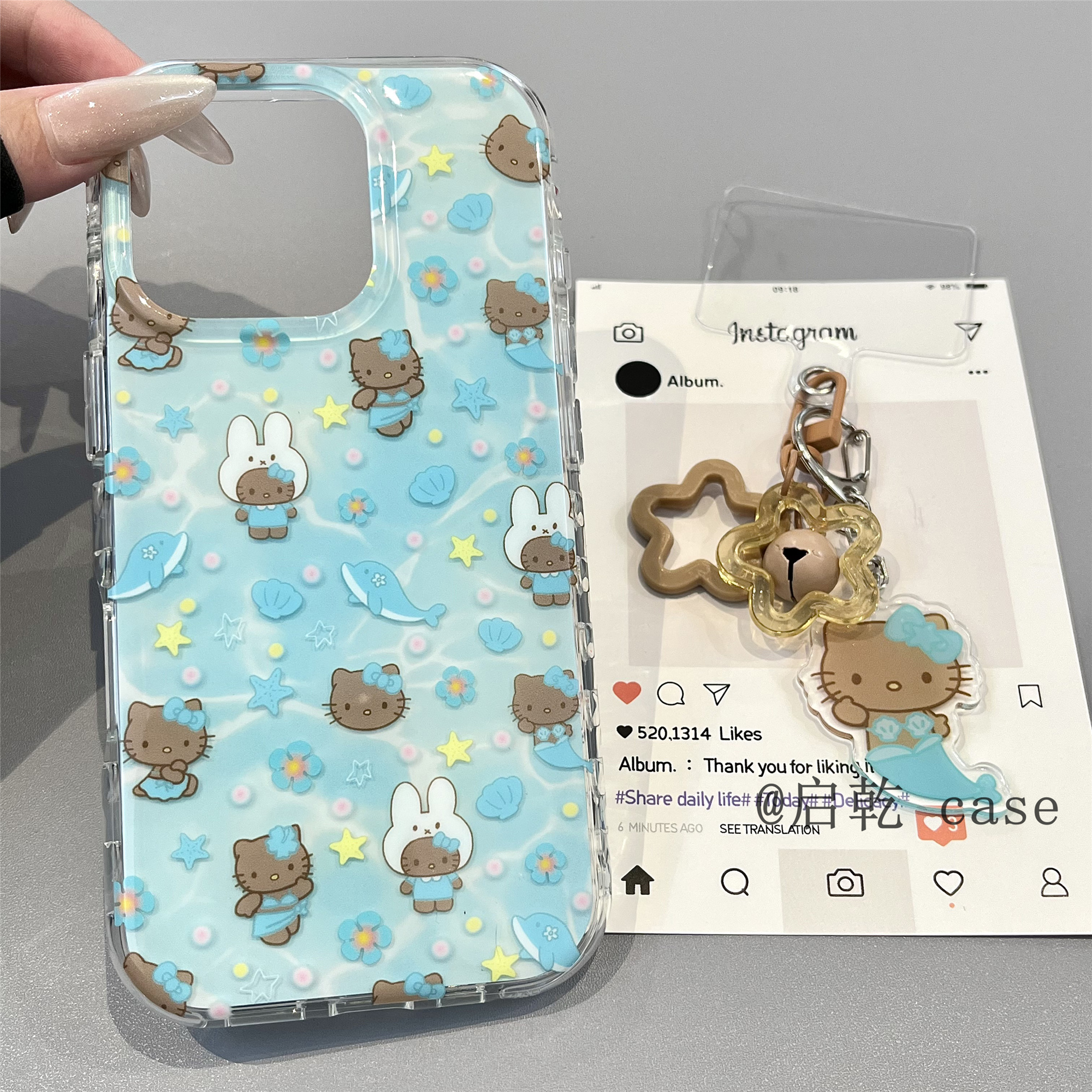 启乾 夏日海豚美人鱼凯蒂猫挂件iPhone16/15手机壳适用苹果14/13promax双层硬壳可爱卡通哈喽HelloKitty新款
