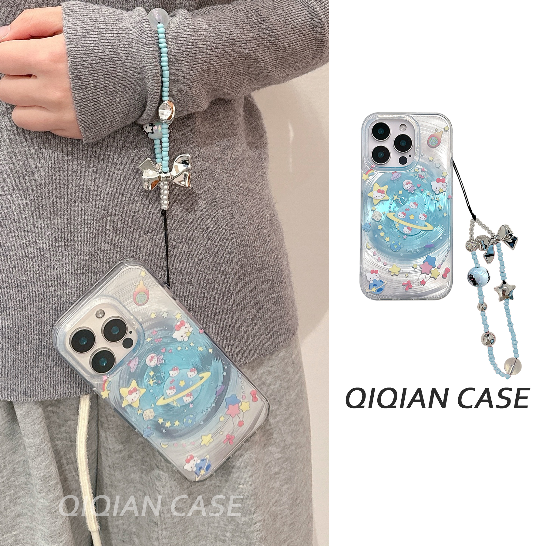 启乾 蓝色旋涡星球凯蒂猫腕带iPhone16/15手机壳适用苹果14/13promax硬壳链条挂绳少女心哈喽HelloKitty新款