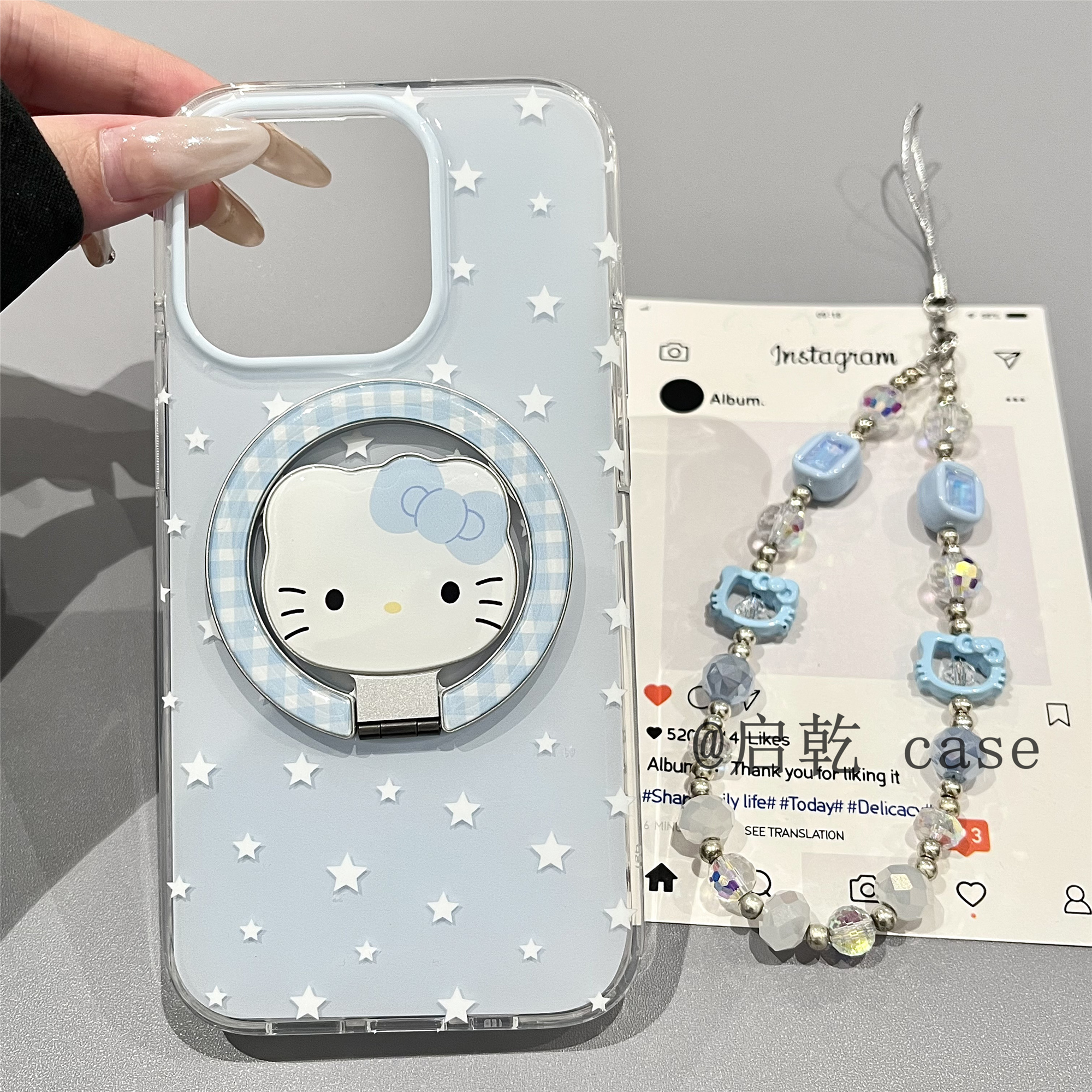 启乾 磁吸壳星星凯蒂猫折叠支架iPhone16/15手机壳适用苹果14/13promax硬壳链条挂绳蓝色哈喽HelloKitty新款