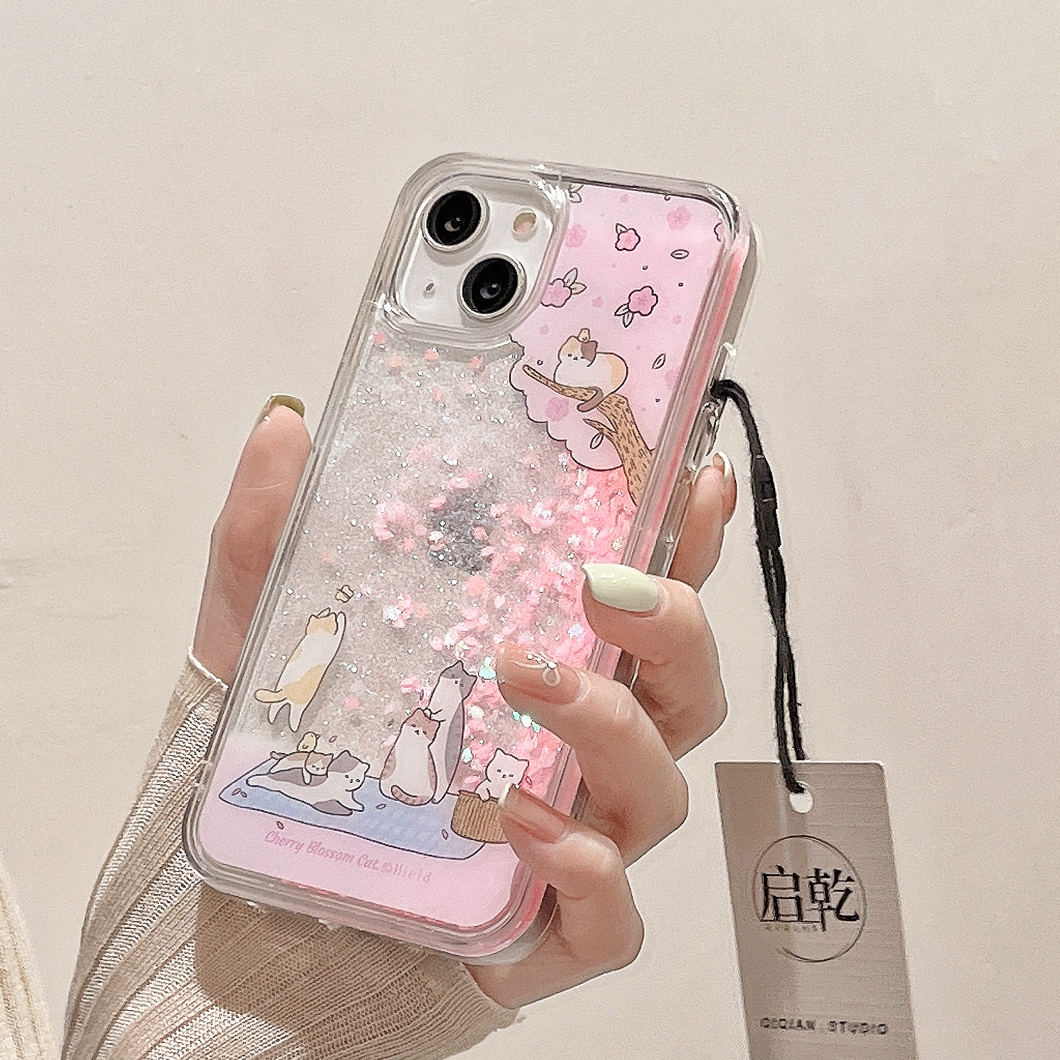 启乾 流沙壳粉色樱桃猫咪iPhone15手机壳适用苹果14/13promax透明硬壳12少女心可爱卡通小众创意新款防摔解压