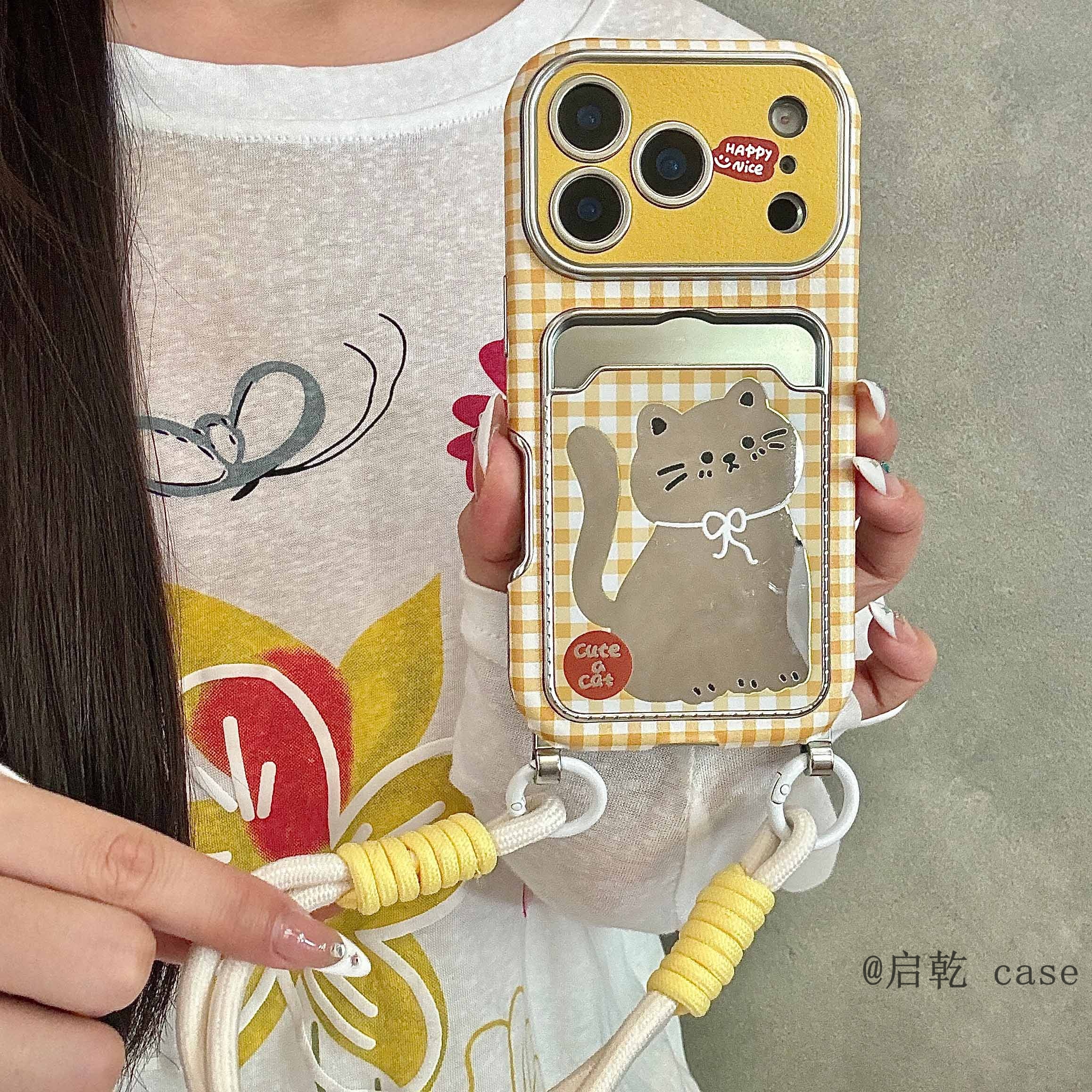 启乾 田园风猫咪镜子腕带iPhone17/16手机壳适用苹果15/14promax软壳镜面链条挂绳卡包卡套插卡可爱卡通ins风