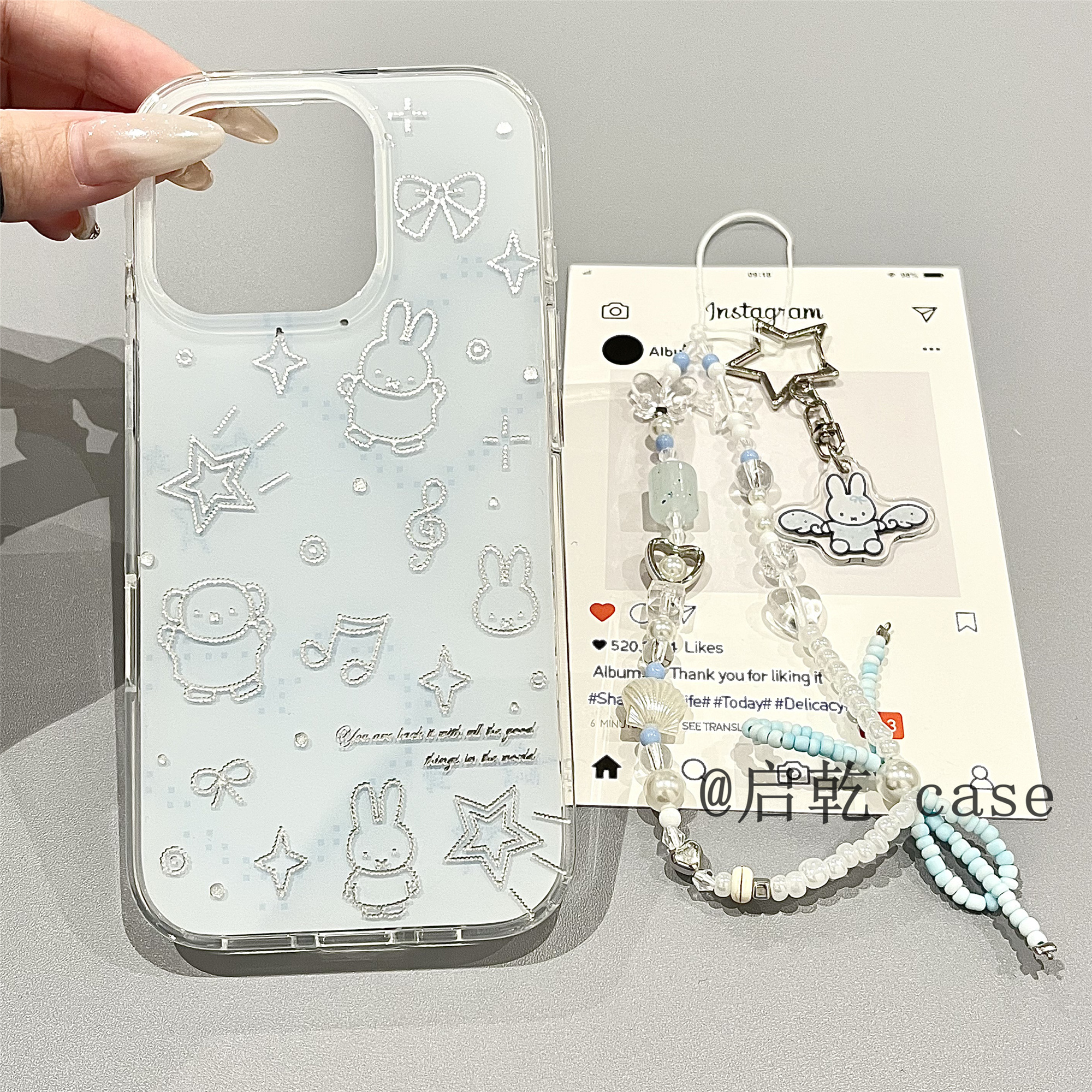 启乾 蓝色虚线音符兔子腕带iPhone16/15手机壳适用苹果14/13promax双层硬壳链条挂绳少女心可爱卡通新款防摔