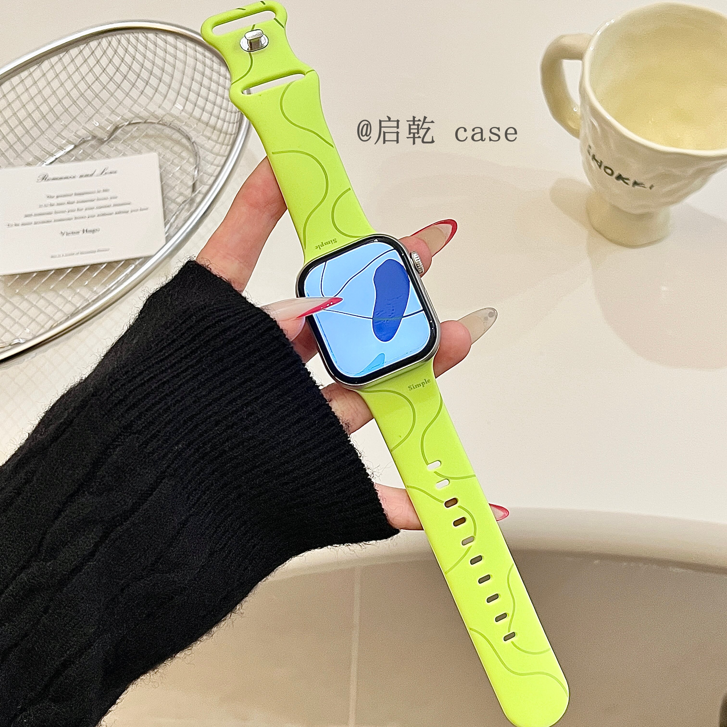 启乾 ins极简风几何线条适用iwatchs10/9苹果Applewatch7手表表带SE8荧光绿硅胶透气6运动5/4/3防摔小众时尚