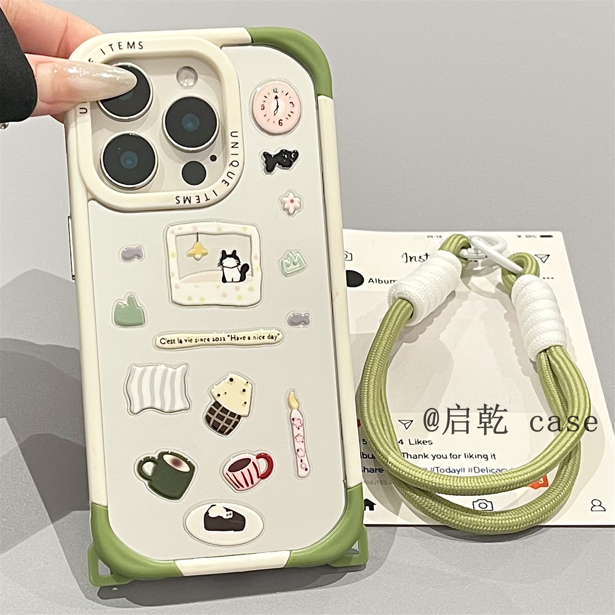 启乾 镜面diy猫咪贴纸腕带iPhone16/15手机壳适用苹果14/13promax硬壳链条挂绳少女心可爱卡通创意新款镜子