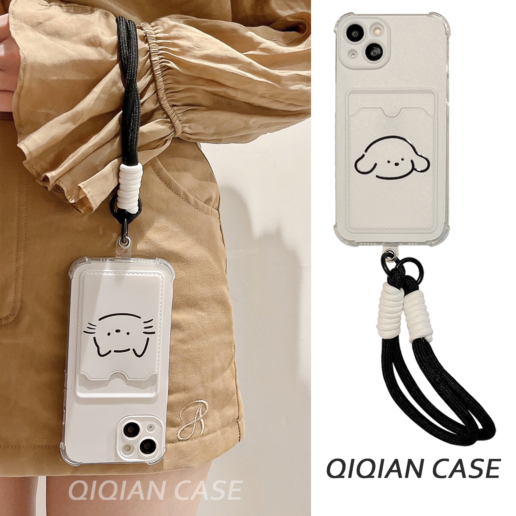 启乾 线条猫咪狗狗腕带iPhone16/15手机壳适用苹果14/13promax卡包卡套插卡12软壳11链条挂绳可爱卡通情侣ins