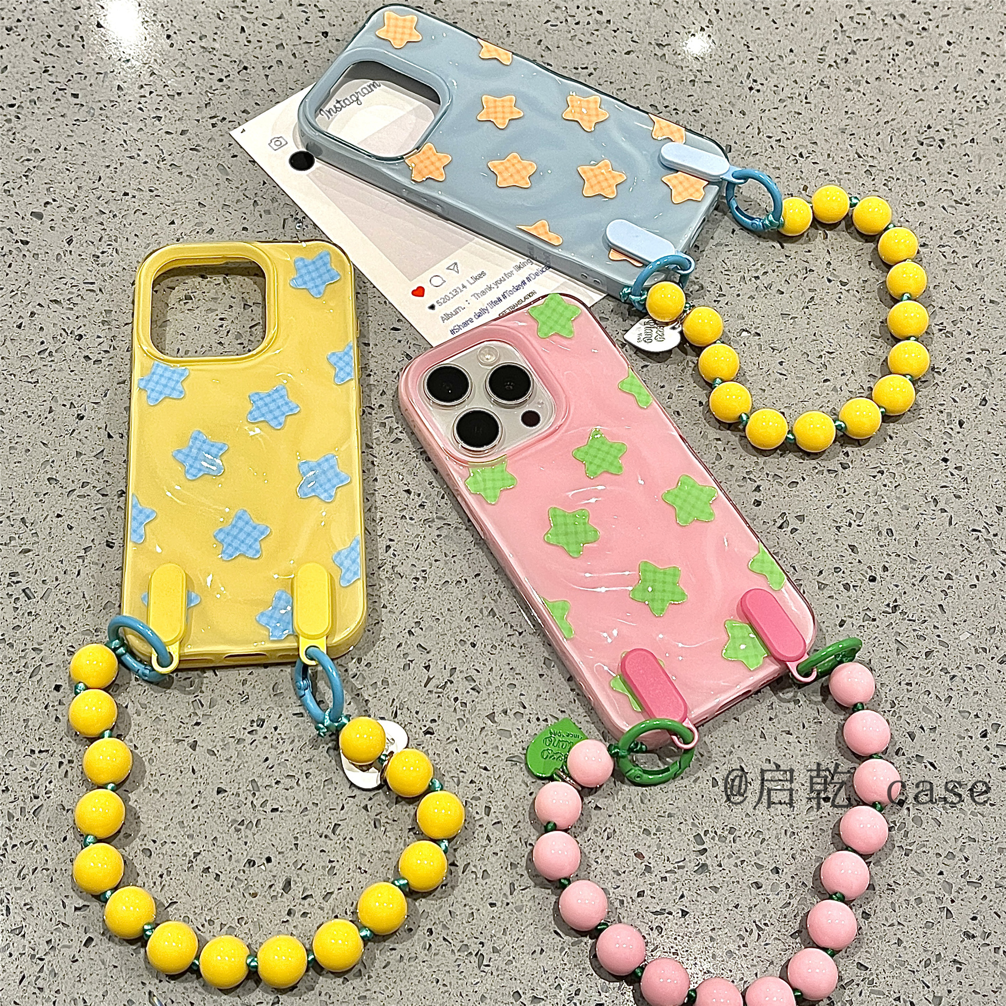 启乾 韩风格纹星星腕带iPhone16/15手机壳适用苹果14/13promax褶皱软壳链条挂绳少女心小众日韩ins风新款夏天