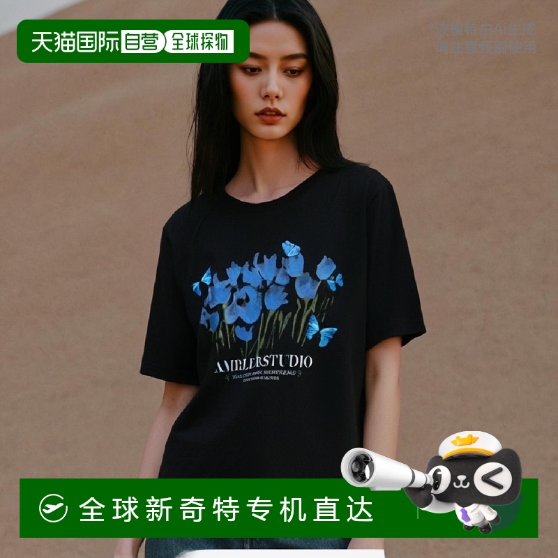 韩国直邮AMBLER蓝色蝴蝶短款 T恤 ACR404（黑色）
