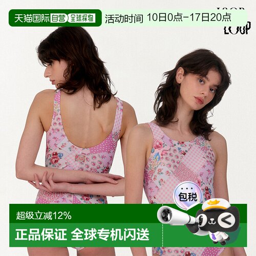 韩国直邮LOOPLOOP柔粉云纱一字肩连体泳衣女度假显瘦复古风