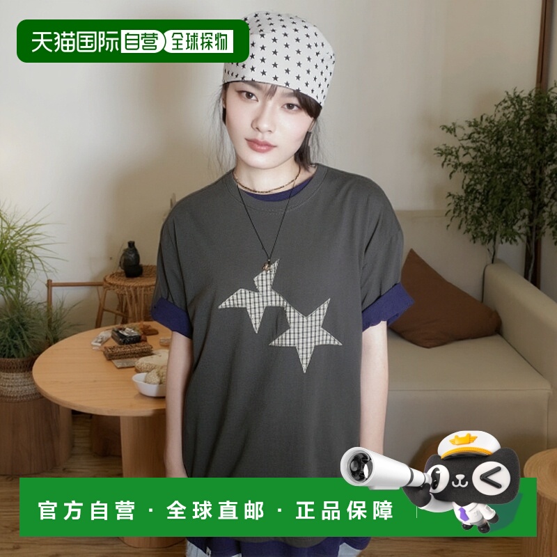 韩国直邮CAVISH 公用T恤 TWIN STAR CHECK APPLIQUE SS TEE CHARC