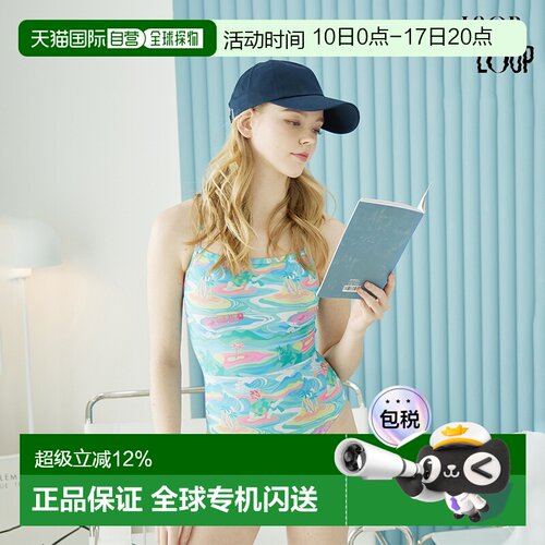 韩国直邮LOOPLOOP多巴胺海岛双绑带半高叉连体泳衣女度假显瘦复古
