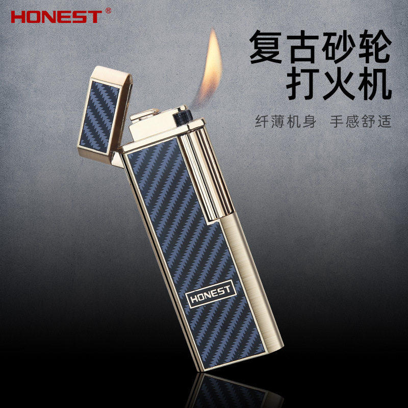 百诚侧滑窄版砂轮充气打火机个性创意斜火小巧金属明火定制刻字男