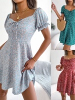 Summer casual lace up floral V-neck dress for women floral skirt