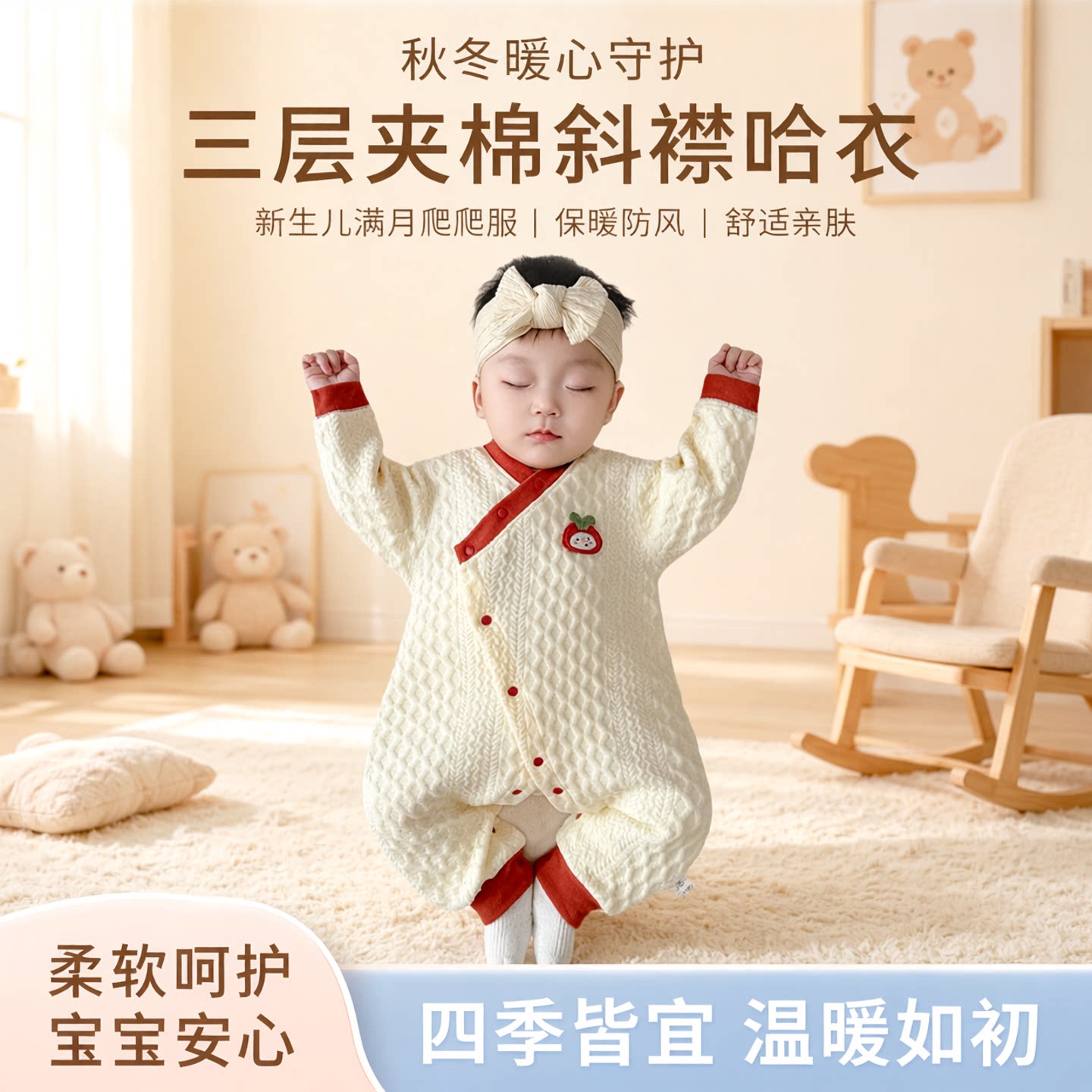 婴儿连体衣秋冬保暖哈衣三层夹棉新生儿斜襟哈衣满月宝宝爬爬服
