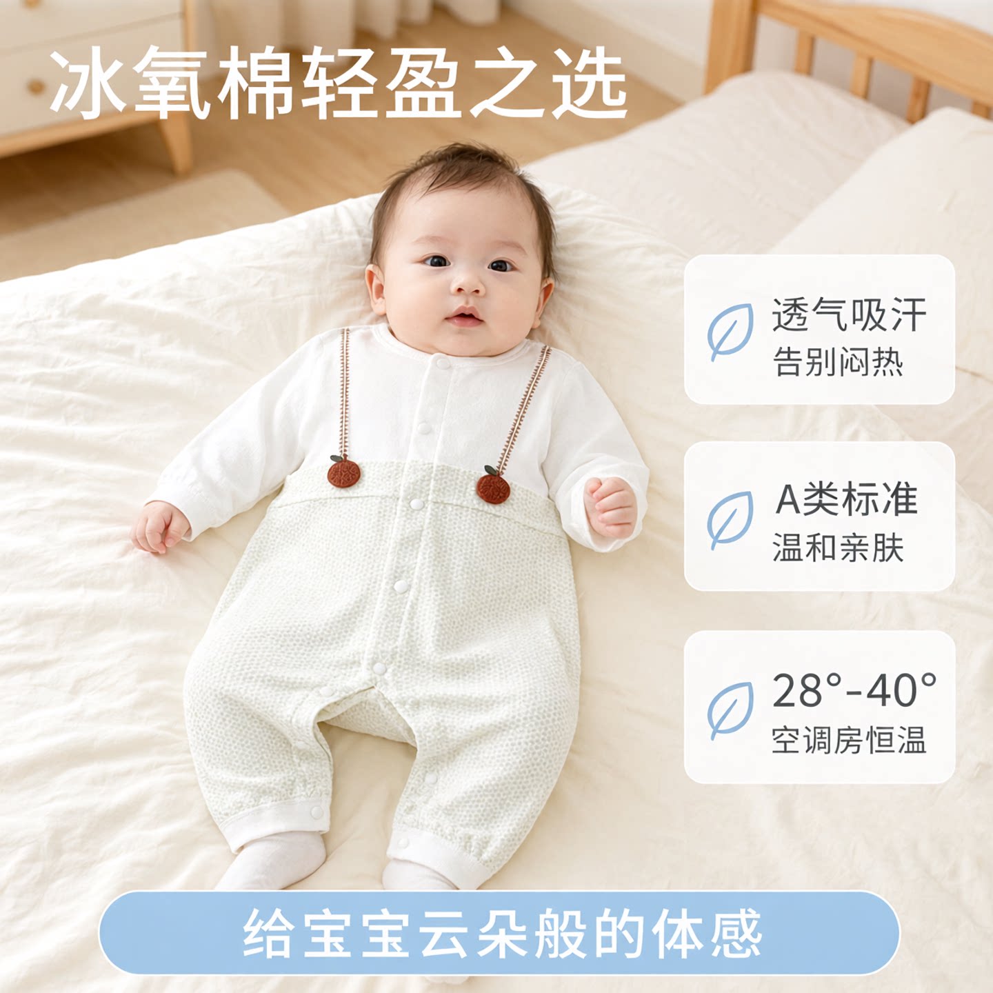 婴儿夏季薄款连体衣长袖空调服新生儿睡衣无骨A类冰氧棉宝宝哈衣