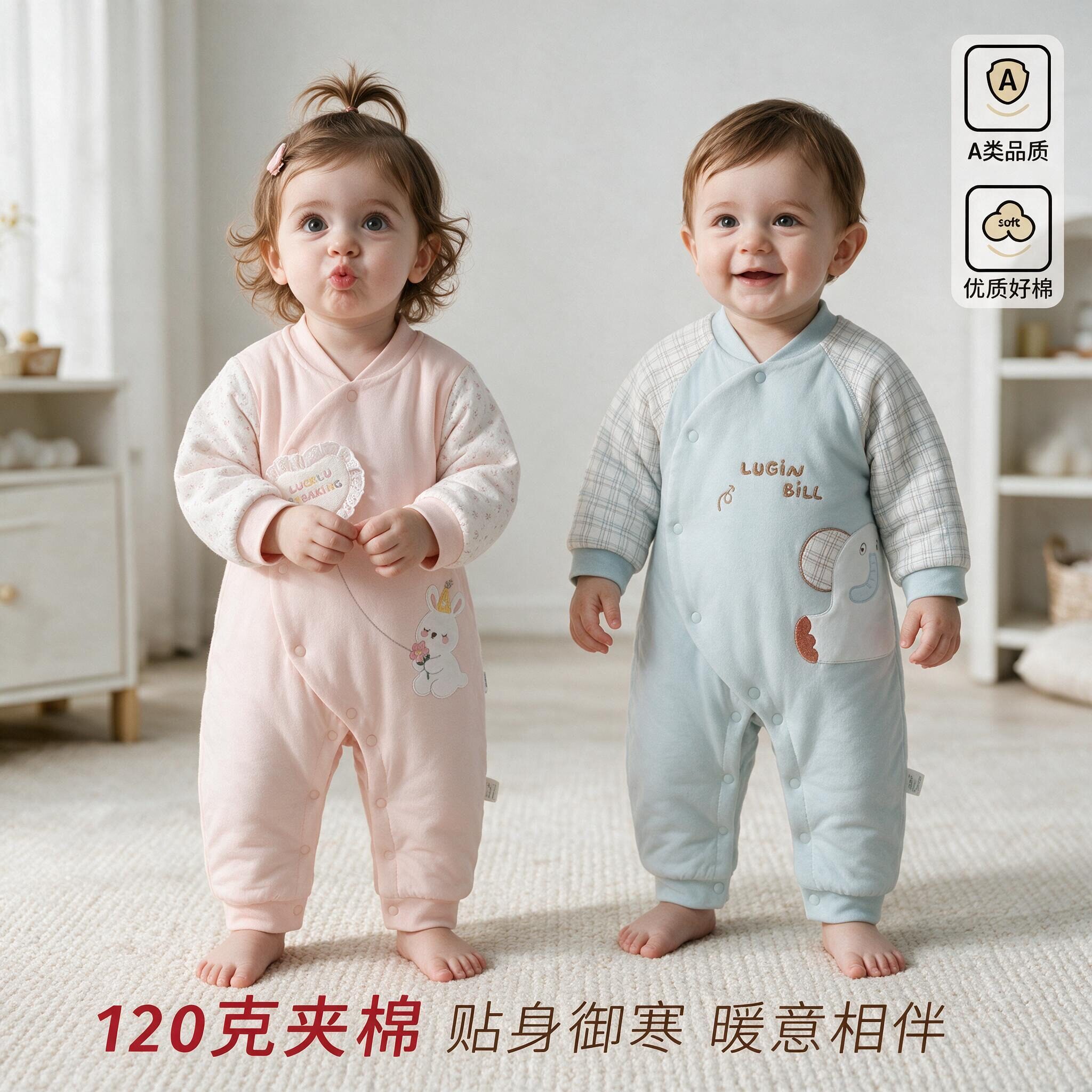 婴儿秋冬夹棉连体衣120g小月龄宝宝洋气保暖外出服婴幼儿冬装