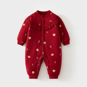 中国风婴儿拜年服夹棉连体衣秋冬装 60克红色满月宝宝喜庆爬爬服