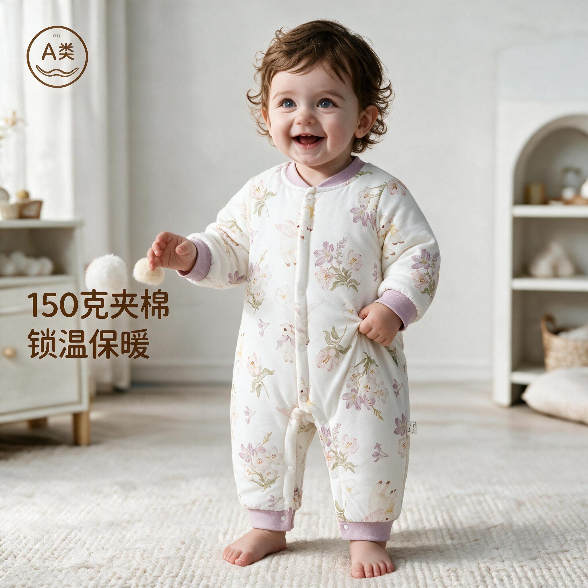婴儿连体衣150克夹棉宝宝秋冬外出哈衣保暖A类面料 哈衣爬服儿童