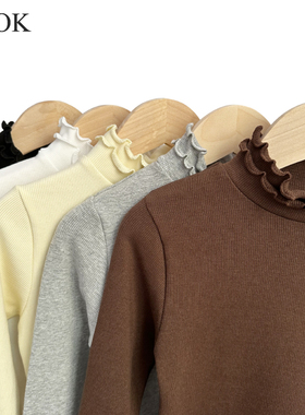 女童秋冬甜美打底衫儿童半高花边领长袖上衣宝宝弹力修身上衣童装