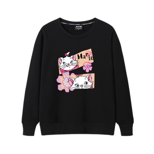 lisa同款衣服玛丽猫黑色圆领卫衣女小个子国潮宽松早秋薄款上衣