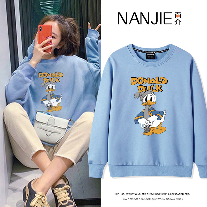 雾霾蓝唐老鸭圆领卫衣女春秋款小个子学院风宽松无帽加绒长袖上衣