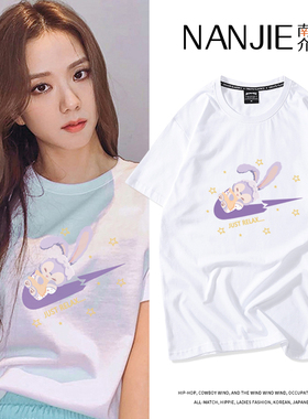 jisoo金智秀同款衣服白色短袖T恤女ins潮宽松周边设计感小众上衣