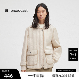 播秋竖条纹绗缝外套女休闲棒球领棉服DDR4PD5091 播奥莱