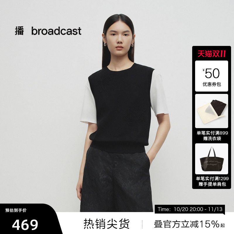 【播奥莱】播春季黑白拼接针织衫女提花短袖BDS1SD1262