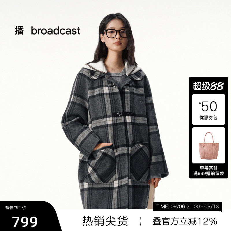 【播奥莱】复古中长款格子羊毛呢外套女冬呢大衣DDS4AD5136